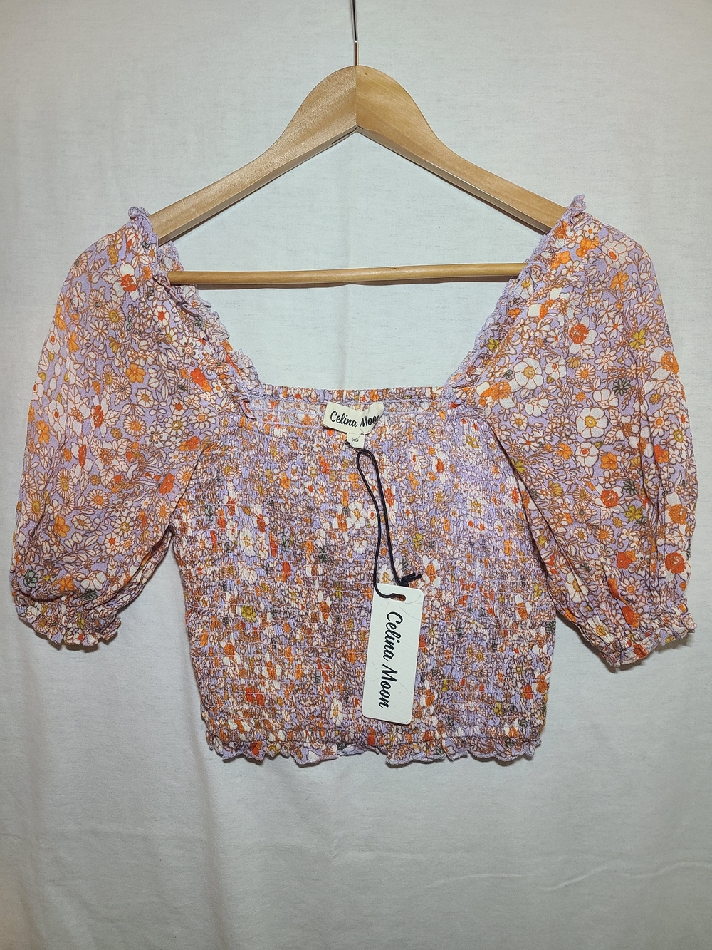 Celina Moon Lavender Floral Smocked Puff Sleeve Crop Top